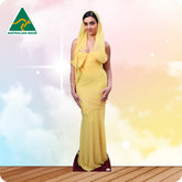 Woman in a yellow dress with 'Australian Made' logo in the corner